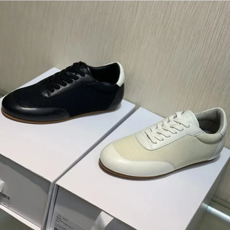 2024 início da primavera nova malha casual sapatos esportivos de couro sapatos planos para mulher