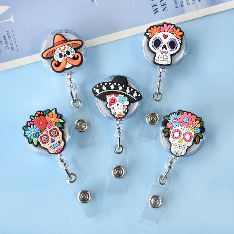 Mexican Day of the Dead Flower Skull Retractable Pull Badge Reel ID Lanyard Name Tag Card Holder Nurse Student Office Supply