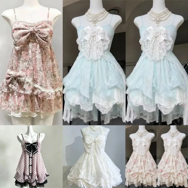 2026 Japanischer Kawaii-Stil Lolita-Kleid für Damen, Süßes Spitzenkleid mit Schleife und Rüschen, Vintage-Tortenkleid, Harajuku Y2k Slim Bandage-Kleid für den Sommer