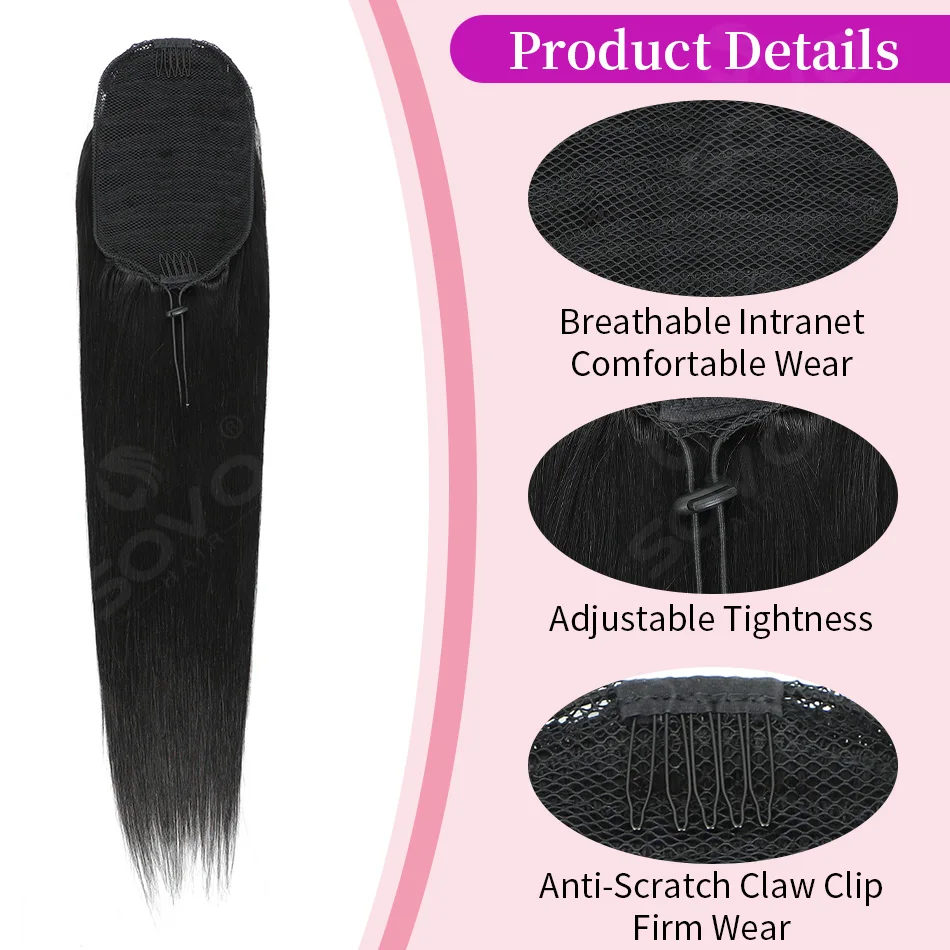 100% Remy Brazilian Straight Human Hair Ponytail Drawstring Natural Black Clip In Wrap Hairpiece for Women view 3