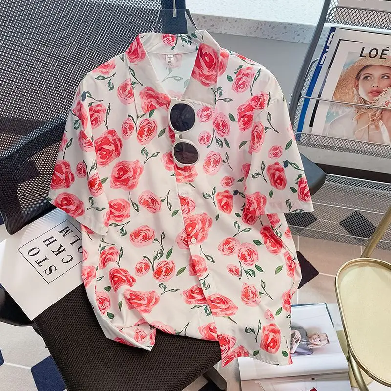 

Новая женская летняя блузка с коротким рукавом и цветочным принтом в корейском стиле, модная молодежная рубашка с пуговицами и вырезом на шее