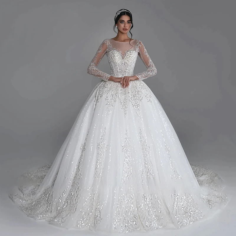

Luxurious Wedding Dress Organza With Bead Ball Gown Full Sleeve O-Neck Customized Bride Dress Button Vestido De Novia Glitter ﻿