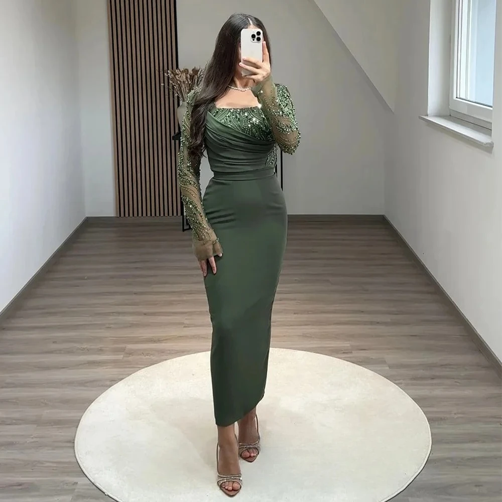 

Вечерние платья с длинными рукавами и квадратным вырезом, расшитым бисером и жемчугом до щиколотки, платье для выпускного вечера, вечернее платье высокого качества для женщин по индивидуальному заказу