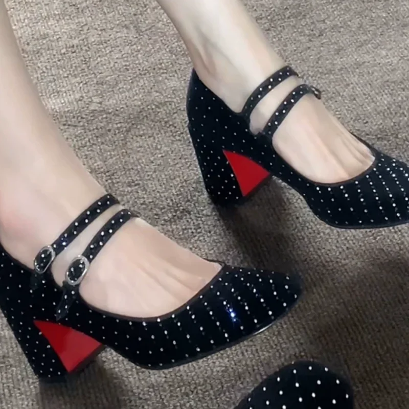 

Rhinestones Shoes for Womens Round Toes Chunky High Heels Front Strap Tacones Buckle Mary Janes Shallow Zapatos De Mujer Solid