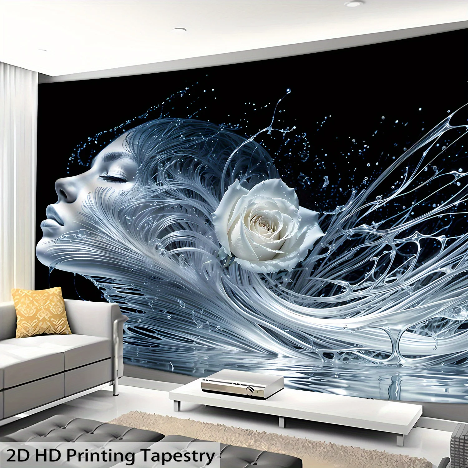 Dreamy Artistic Portrait Tapestry White Rose Water Flow Design Modern Decor Wall Hanging for Living Room or Bedroom Decoration