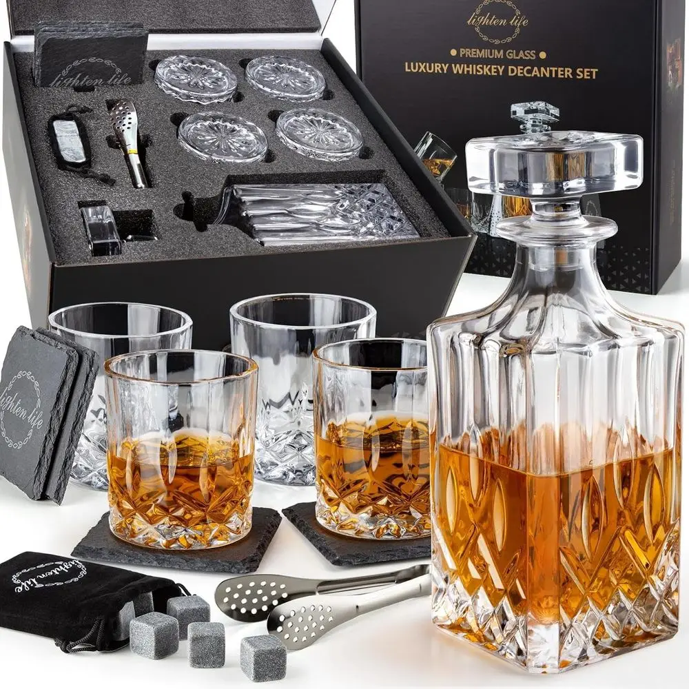 

Crystal Whiskey Decanter Set with Bar Tools, Gift-Boxed, Lead-Free for Bourbon, Scotch - Perfect Anniversary & Birthday Gift for