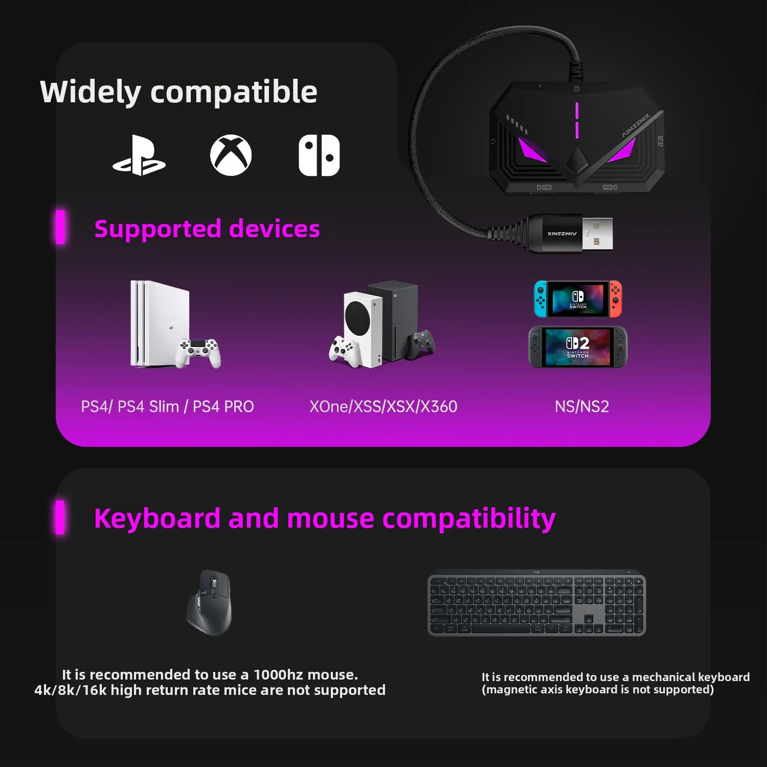 Aimzenix AX160 Keyboard And Mouse Converter for PS4, XONE, X360, XSS, XSX, N-Switch, Supports 3.5mm Headphones, APP