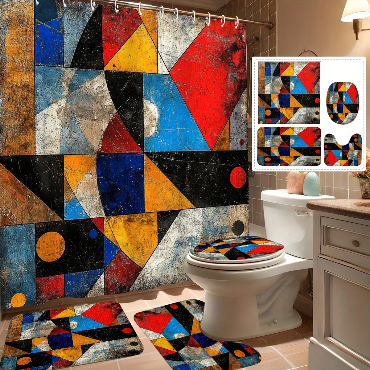 

Набор из 4 занавесок для душа, современный красочный геометрический дизайн, декор для ванной комнаты, в комплект входит 12 крючков, нескользящий коврик для ванной, U-образный