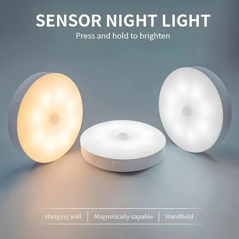 

3-Color Sensor Night Light, 80mm Diameter, Human Body & Light Sensing, Magnetic & Hangable, 300mAh Battery, Gift Ideas