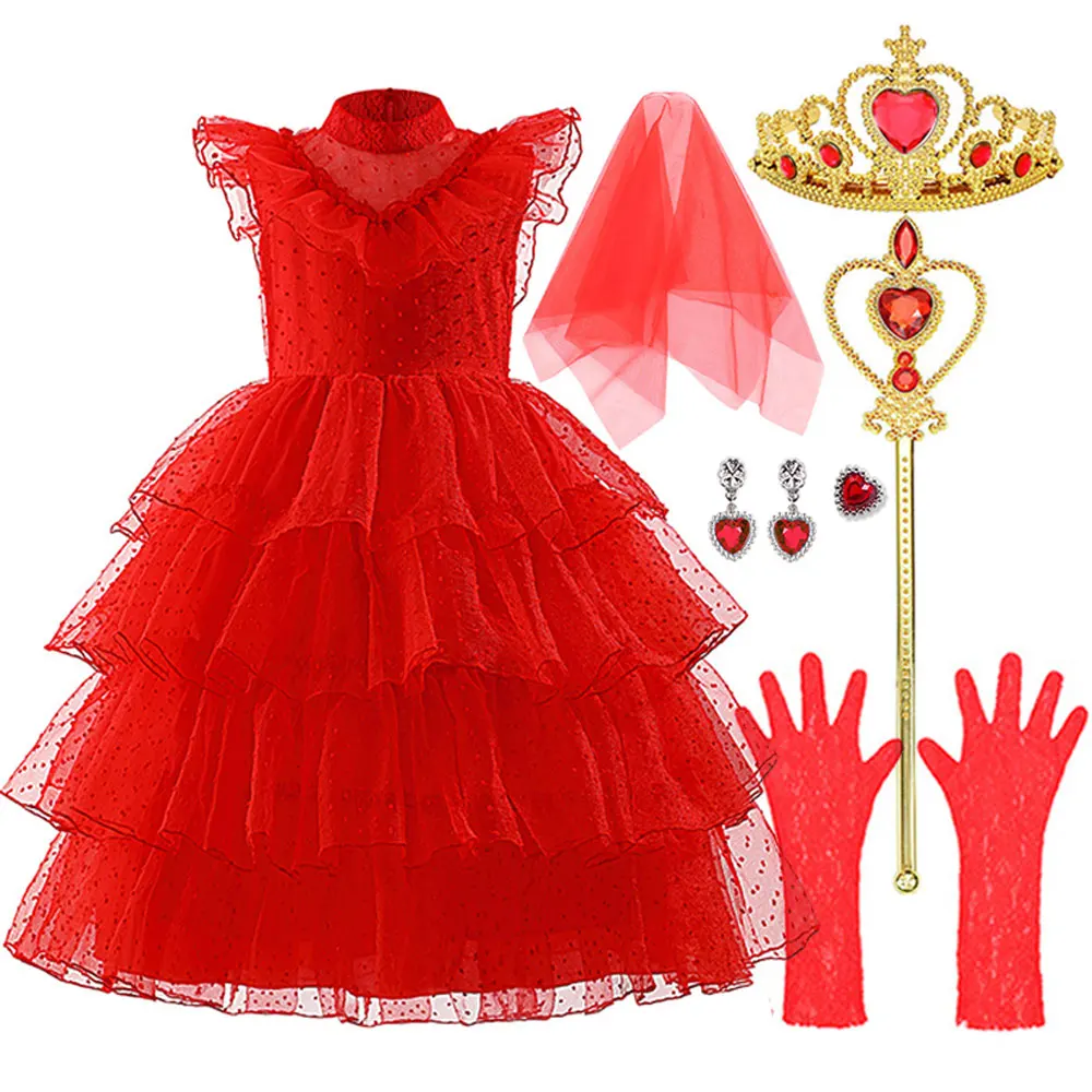 

Classic Movie Beetle Juice Lydia Red Horror Ghost Bride Cosplay Dress Girls Tulle Gown+Long+Lace Gloves Kids Halloween Dress Set