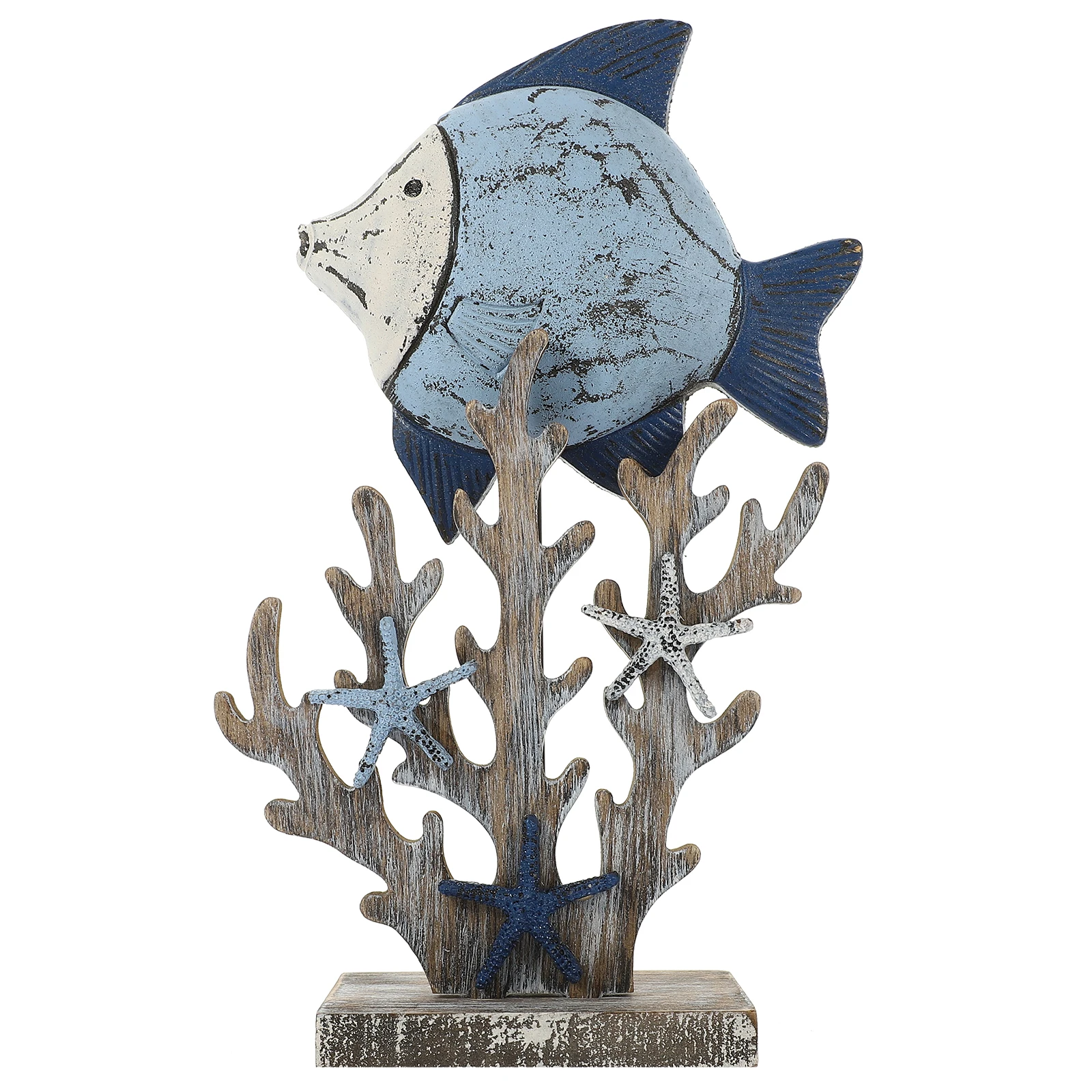 Mediterranean Style Wood Craft Retro Coral Fish Figurine Ocean Themed Home Decor Tabletop naments Wooden Carving Art Piece