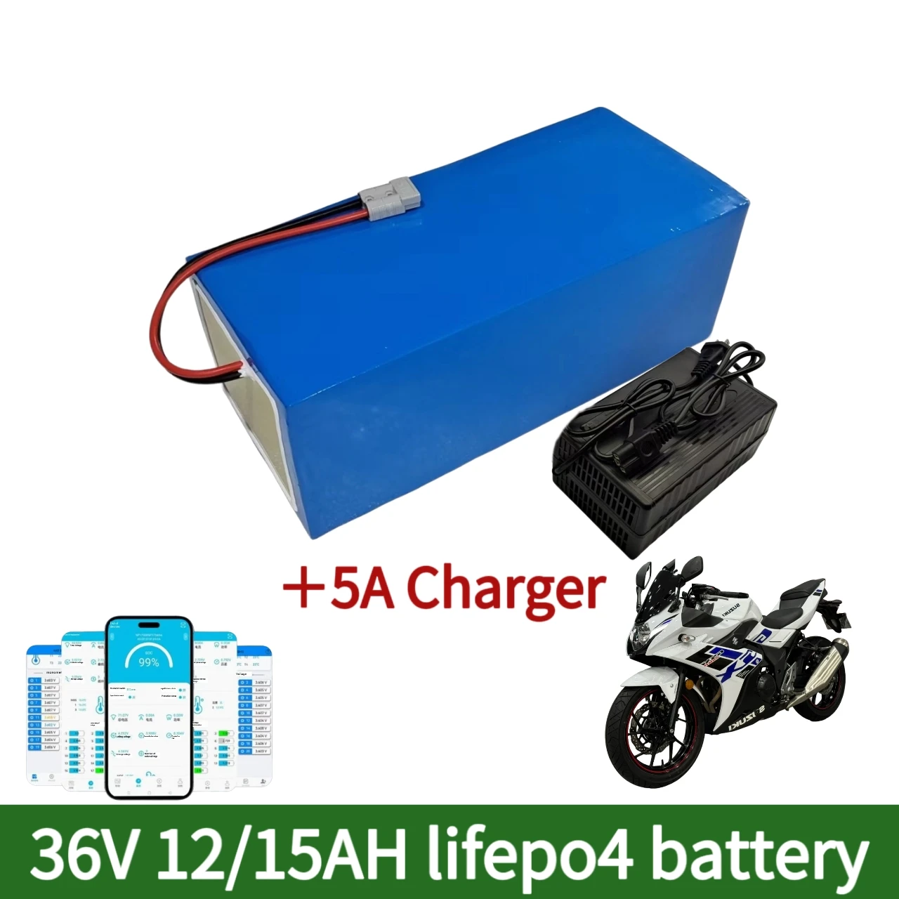 

Rechargeable Battery 36V 12Ah 15Ah Lifepo4 Battery Pack with 20A BMS for 300W 500W 600W 700W Two Wheeler Electric Vehicles