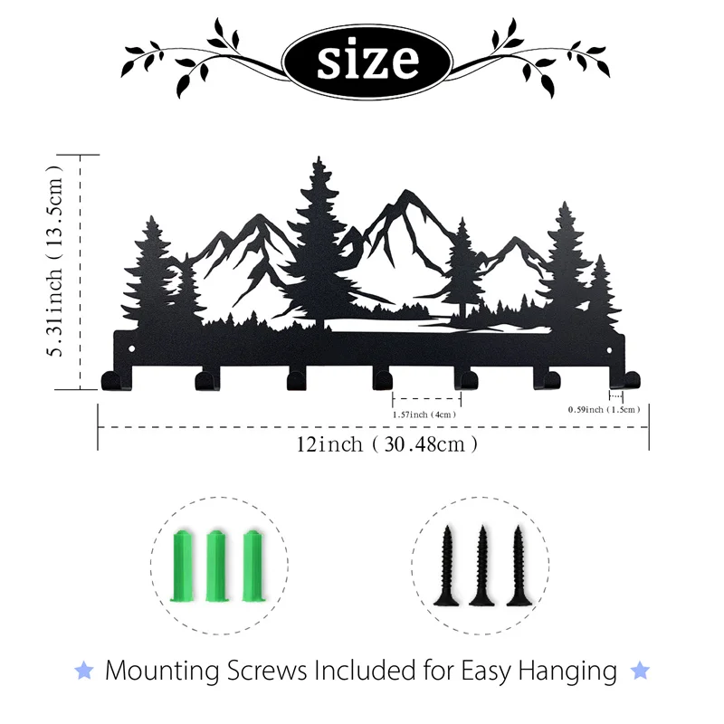 Black Metal Mountain Key Rack for Wall Forest Tree Hooks Organizer, Rustic Entryway Decor, Housewarming & Christmas Gift for Him