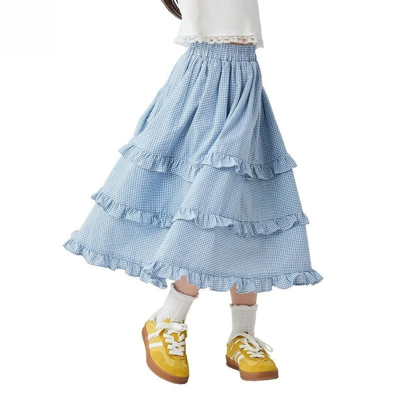 Kids Girls Blue Cake Dress 2025 New Arrival Children Casual Ruffle Dresses Summer Casual Plaid Cotton Dress Lorean Style