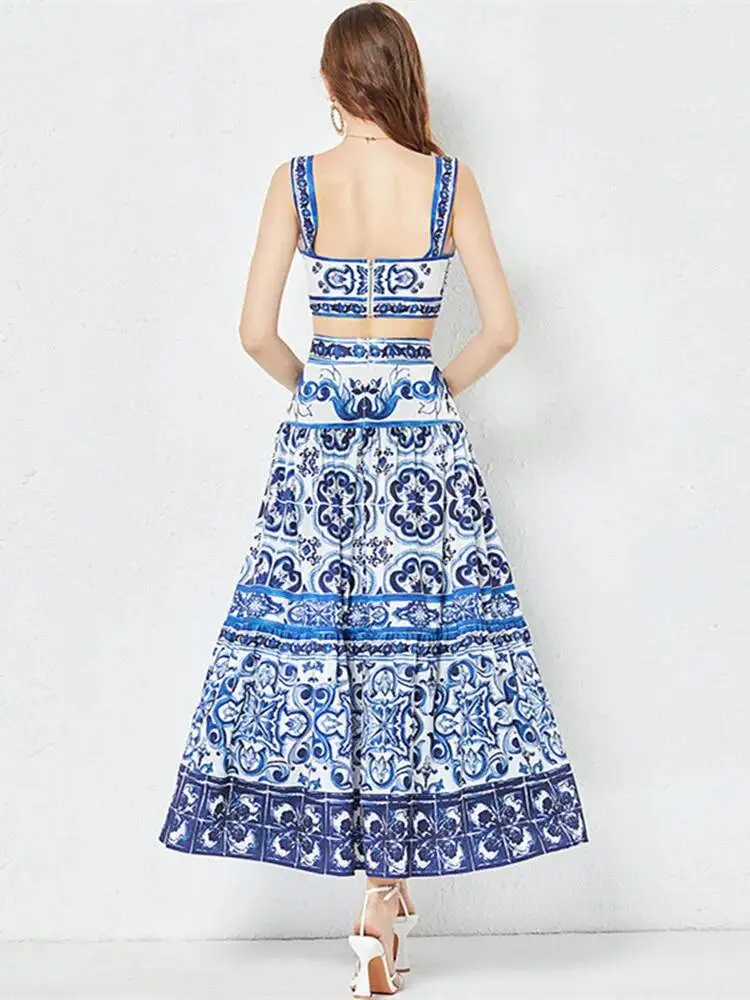 JAMERARY Summer Runway Blue And White Porcelain Two Piece Set Women Flower Print Short Crop Top + Holiday Beach Maxi Skirt Suits