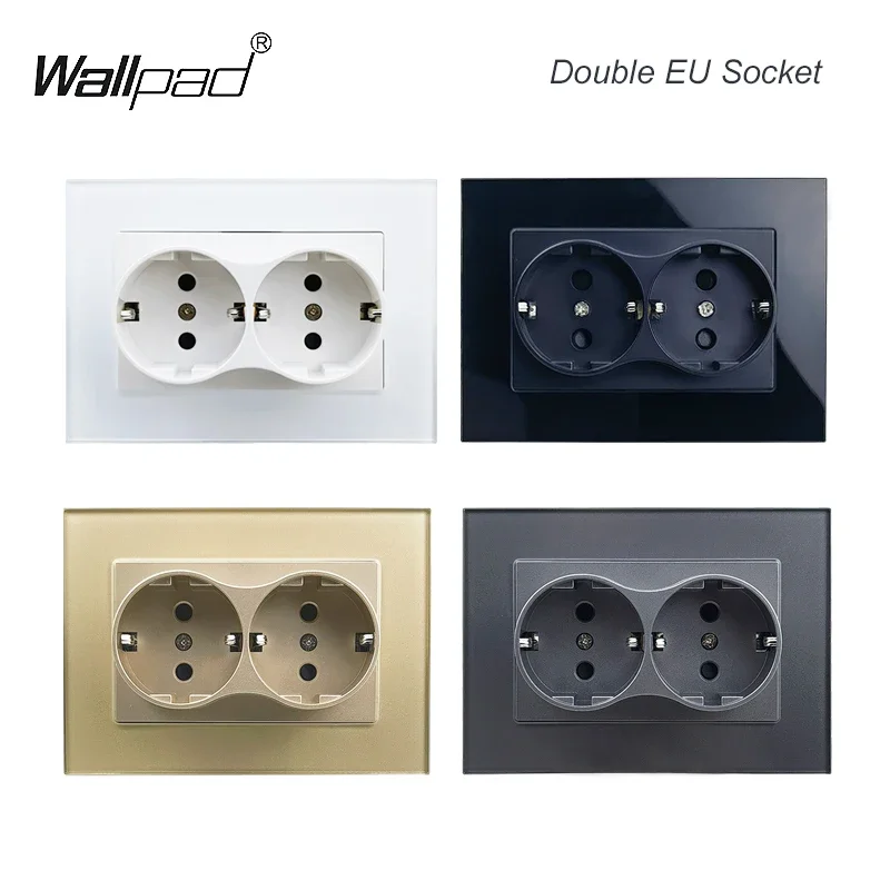 120*86MM Double EU Wall Power Socket White Tempered Glass Panel 2 European Standard Electrical Outlets for One Hole