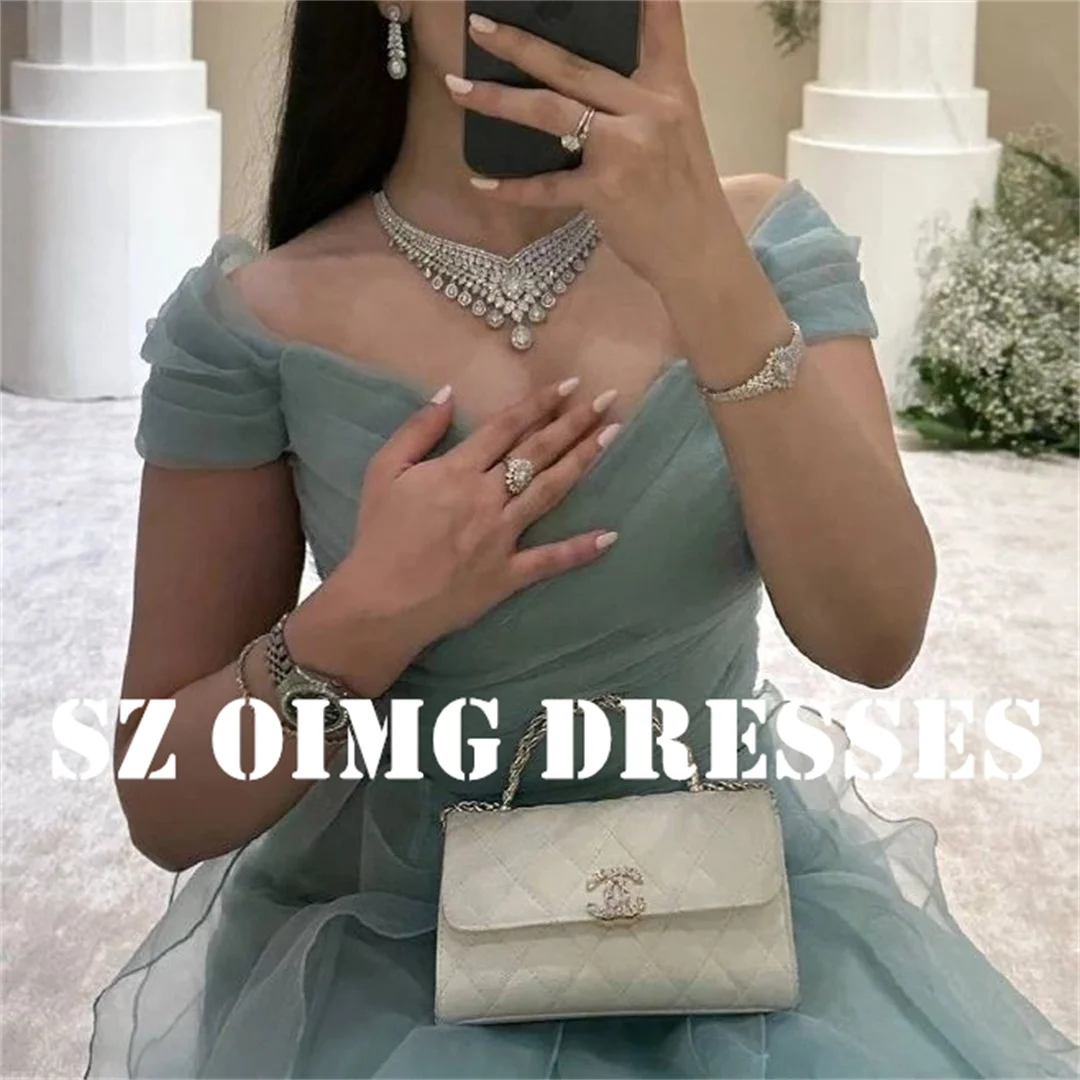 OIMG New Design Green Off the Shoulder Prom Dresses Arabic Women A-Line Chiffon Layered Evening Gowns Formal Party Dress