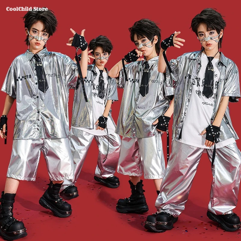 Hip Hop Boys Silver Shirt Cargo Pants Street Dance Shorts Girls Jazz Skirts Clothes Set Kids Girl Group Costume Child Streetwear