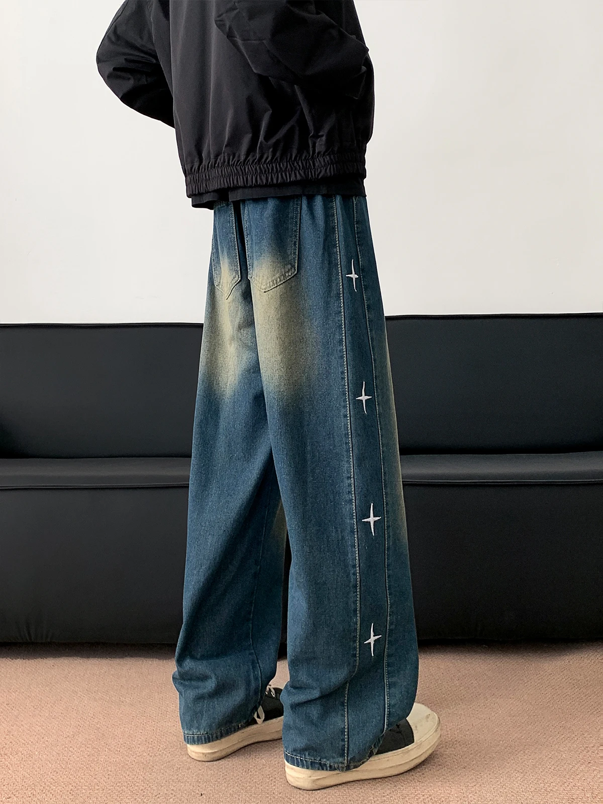 Plones vaqueros hoados de estilo japonés Retro para hombre, plones largos de pierna ancha con cordón versátiles inf...