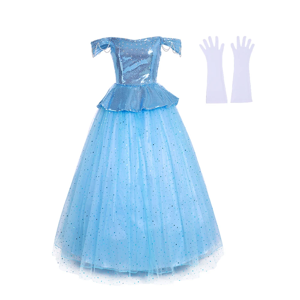 Movie Cosplay Princess Costume Female Elegant Sexy Blue Off Shoulder Sequin Yarn Dress Bridal Wedding Party Ball Gown