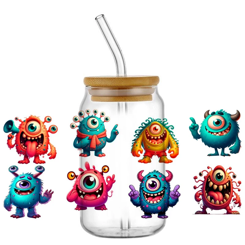 Miniso Cute Monster Decal Washable UV DTF Cup Wrap for 16oz Libbey Glasses Monster DIY Cartoon Mug Transfer Sticker