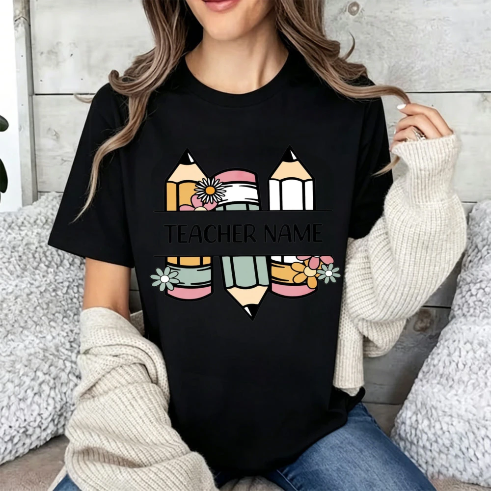 Personalized Teacher Name T Shirt Floral Pencil Pattern Custom Text Print Women Cotton  Teacher Gift Back To School Casual Tees