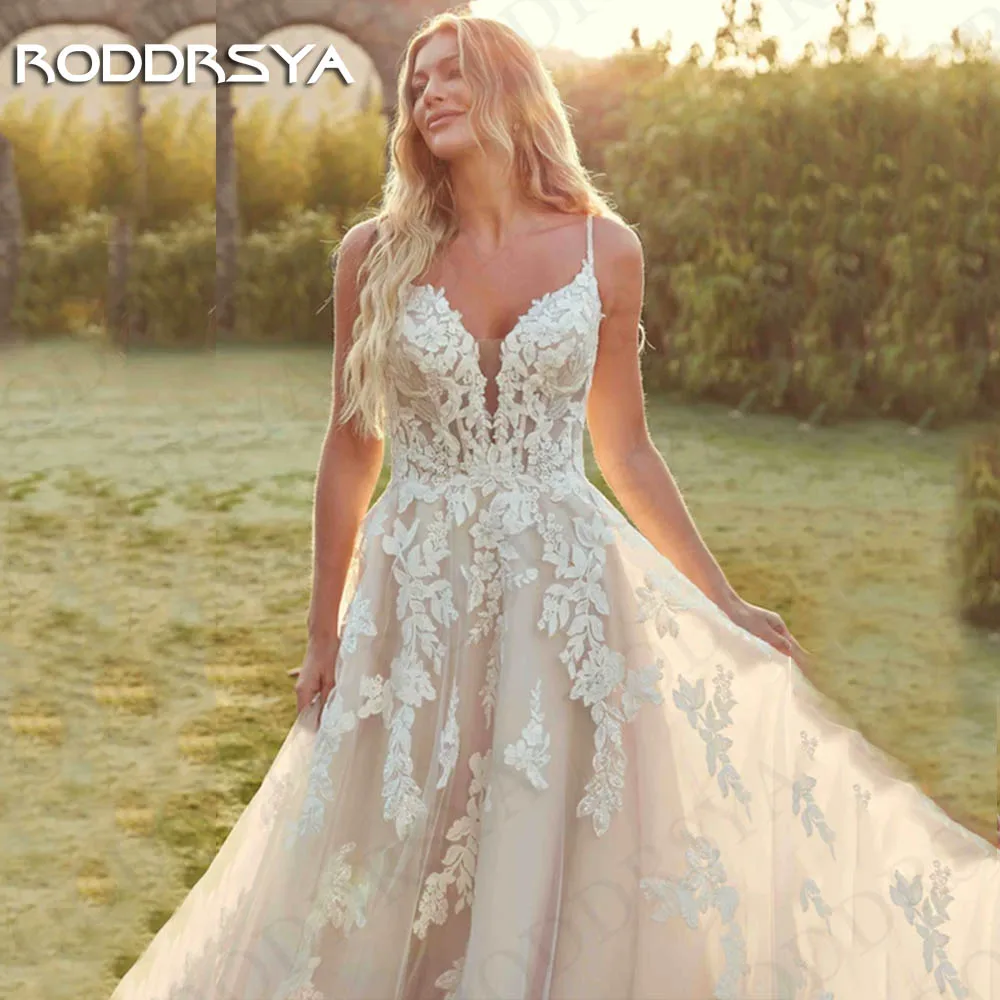 RODDRSYA Spaghetti Straps Tulle Wedding Dresses Elegant A Line Lace Appliques Beach Bridal Gown Backless vestidos novias boda