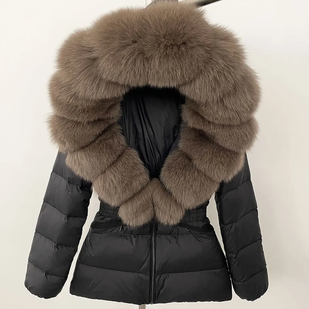 OFTBUY 2024 Winter Jacket Women Natural Real Raccoon Fox Fur Collar Hooded White Duck Down Coat Belt Thick Warm Casual Outerwear