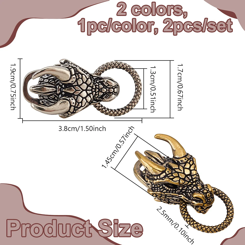 2 Pcs Brass Paracord Beads Dragon Spacer Beads for Jewelry EDC Survival Gear Parachute String Accessories Craft 1.5x0.7x0.6 Inch