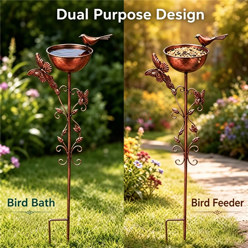 Copper Red Iron Butterfly Garden Stake Bird Feeder, Metal Ground Insert Ornament with Small Birds, Outdoor Yard Lawn Decorations