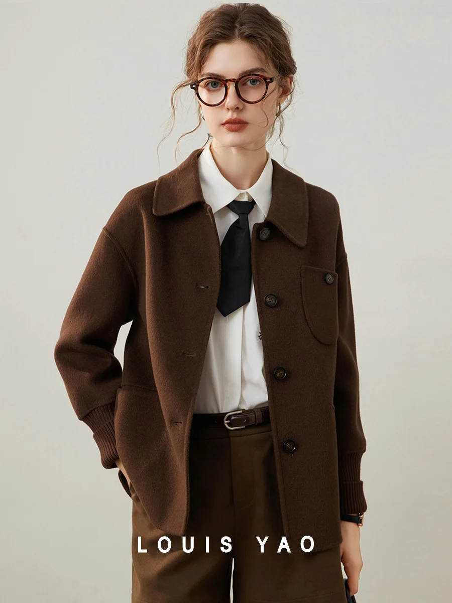LOUIS YAO 2024 Winter Pocket Double-sided Woolen Coat Fashion Lapel Contrast Color Button Long Sleeve Wool Coat for Women