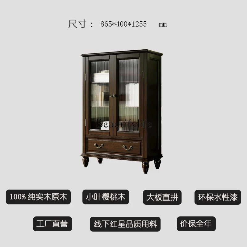 Retro American double-door wine cabinet pure solid wood glass door dining side cabinet cherry wood furniture