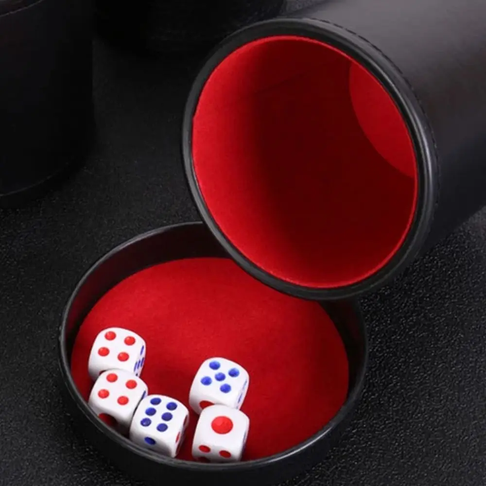 Leather Dice Cup with Lid Green Red Lining Interior Quiet in Shaking for Liars Dice Farkle Yahtzee Board Games with 5 pcs Dice