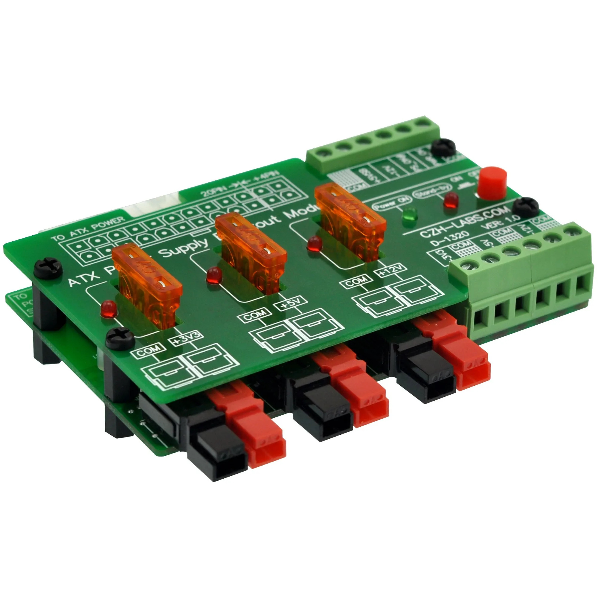 CZH-LABS 24/20-pin ATX DC Power Supply Breakout Board Module, with 30Amp Power Pole Output.