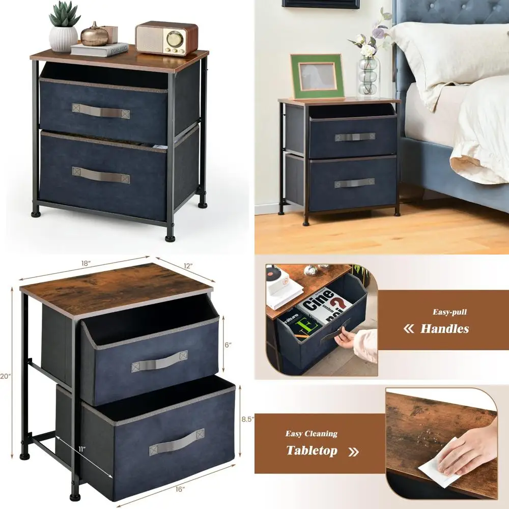

Two-Drawer Metal Frame Nightstand with Anti-Tip Safety Feature