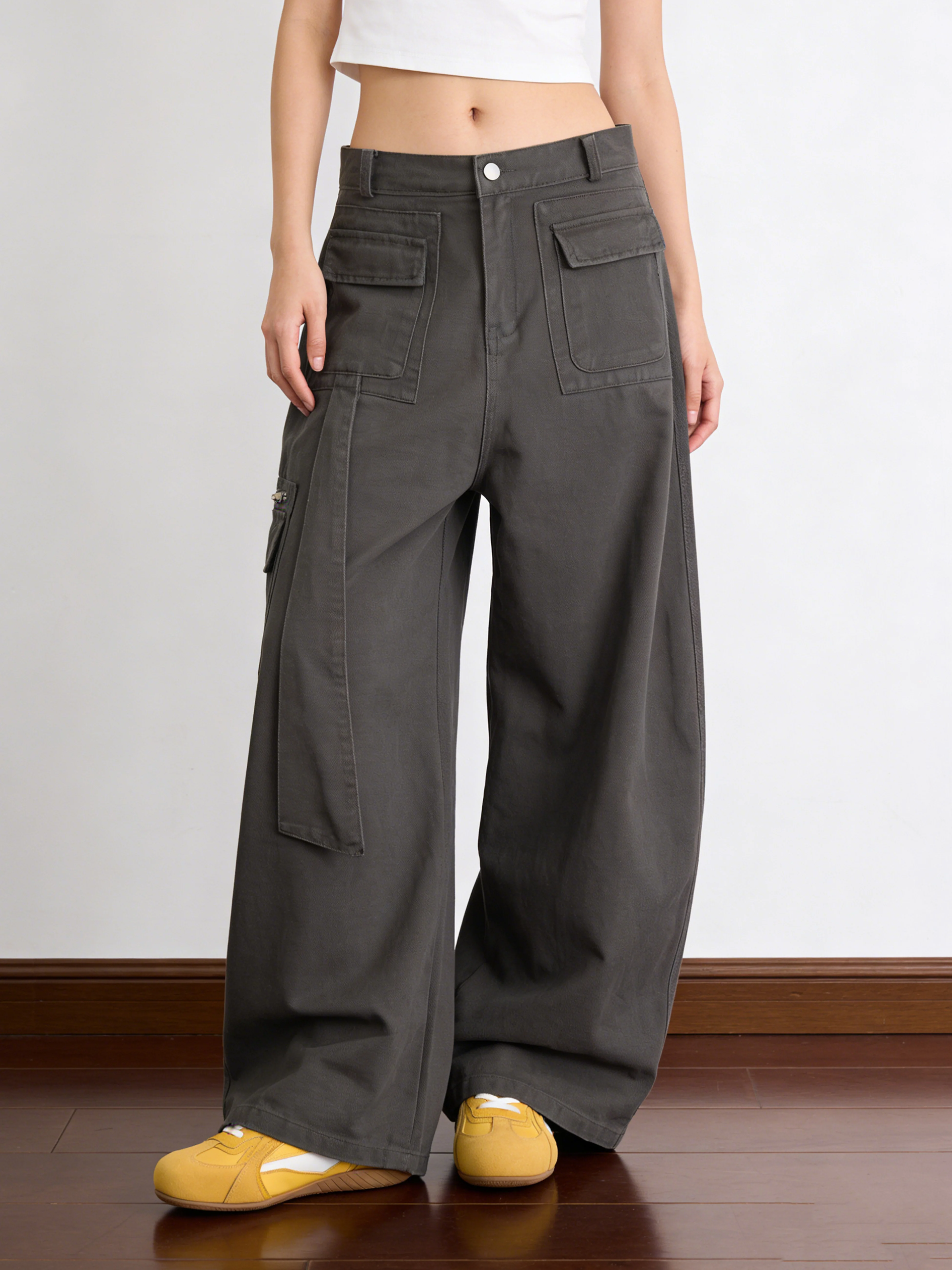 Retro American Work Pants Women Loose Wide Leg Multi Pocket Casual Long Trousers Small Ball Cotton Natural Waist Button