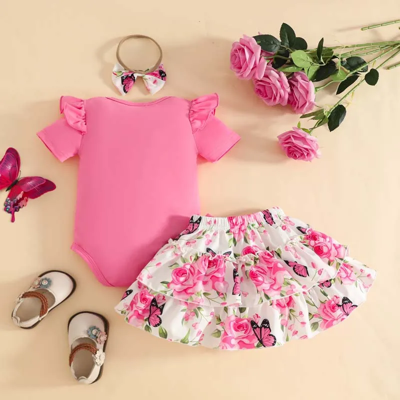 0-18 Months Baby Girl Clothing 3-Piece Outfits Summer Short Sleeves Bodysuits+Printed Skirts+Headband Newborn Clothes