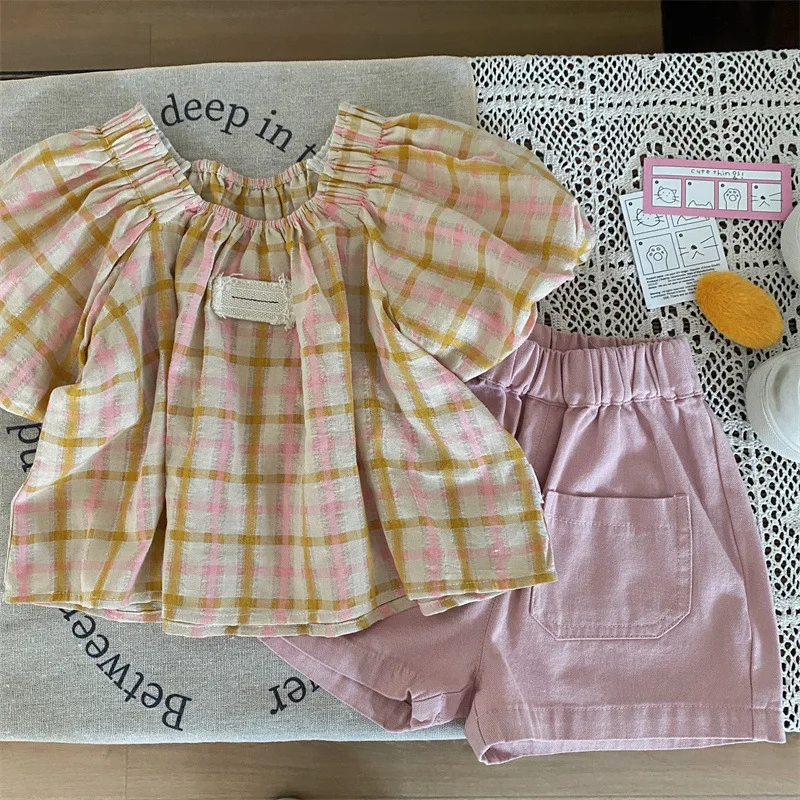 Girl Shirt Top Korean Style Children Wear 2024 New Summer Girl Square Collar Plaid Shirt Children Fashion Plaid Shirt Top