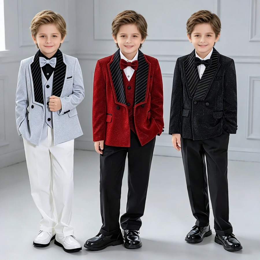 

Boys Shiny Tuxedo Suit Peak Lapel Blazer Vest Pants Set Elegant Kids Wedding Party Piano Performance Gentleman Formal Outfit 8 Y