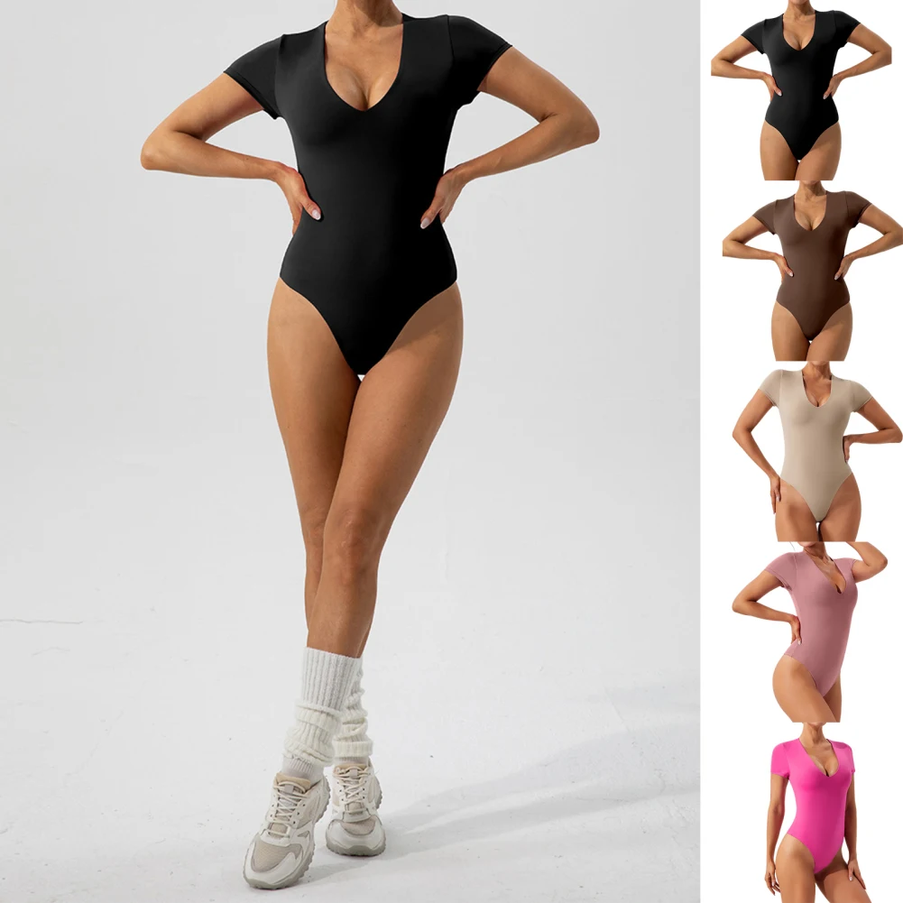 

Women Workout Jumpsuit Breathable Tummy Control Shapewear Bodysuit Short Sleeve Solid Color Stretchy Yoga Rompers