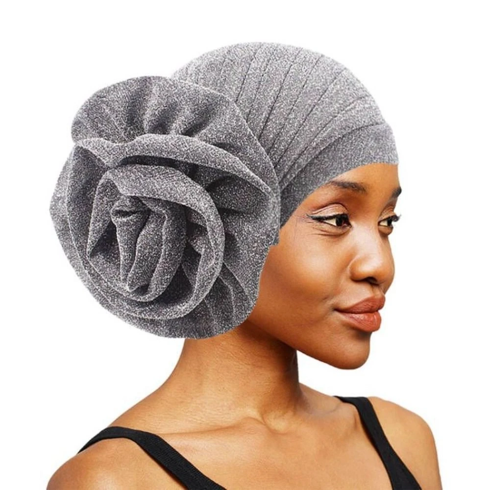 Raw Silk African Turban Caps Big Rose Flower Headwear Nigerian Wedding Geles Lightweight Breathable Bonnet Party Headgear