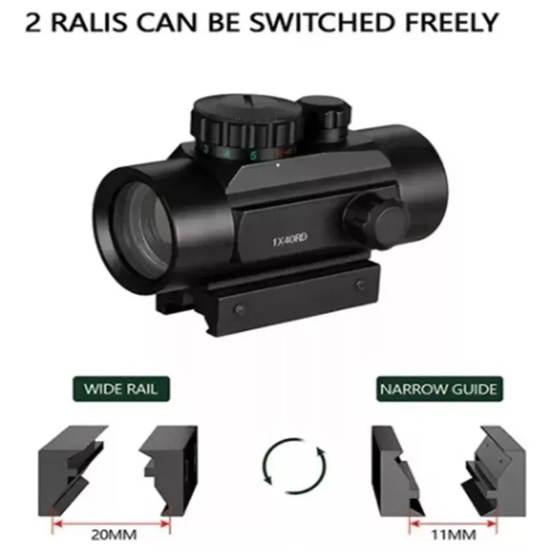 Celownik kolimatorowy Red Green Dot, metalowa obudowa, 1X40, 5 poziomów jasności, wodoodporny, lekki, pasuje do akcesoriów do pistoletów zabawkowych 11mm/20mm