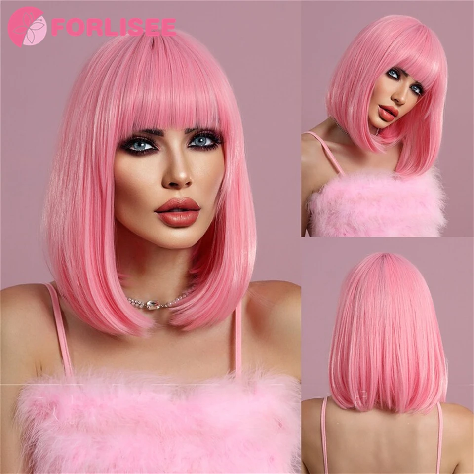 

FORLISEE Short Straight Pink Wig For Woman Daily Party Cosplay Lolita Wig Natural Synthetic Bob Wig With Bangs Heat Resistant