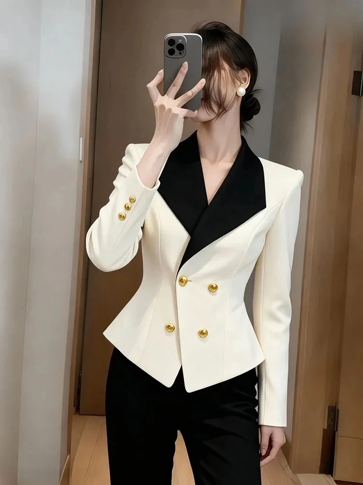 秋春 2026 新しいシックなカジュアルプロフェッショナルブレザー女性のアウターファッションスリムブラックホワイトステッチスリムスーツトップス