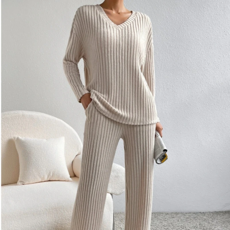 Women\'s Casual Knit V-Neck Long Sleeve Loungewear Set Solid Color Pajama Sets Home Casual Clothing Sleepwear