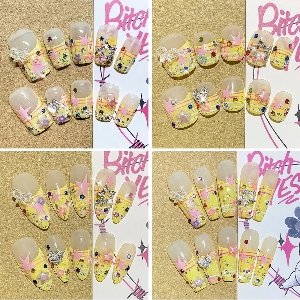 Y2K Summer Cool Hand-Painted Milky Yellow Striped French Stars Press On Nails Handmade Custom Nail Art Tools Press On Nails