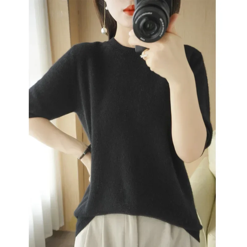 2024 Women Sweaters Spring Summer Short Sleeve Knit Pullovers O-neck Slim Fit Sweater Bottoming Shirts Korean Fashion Knitwear