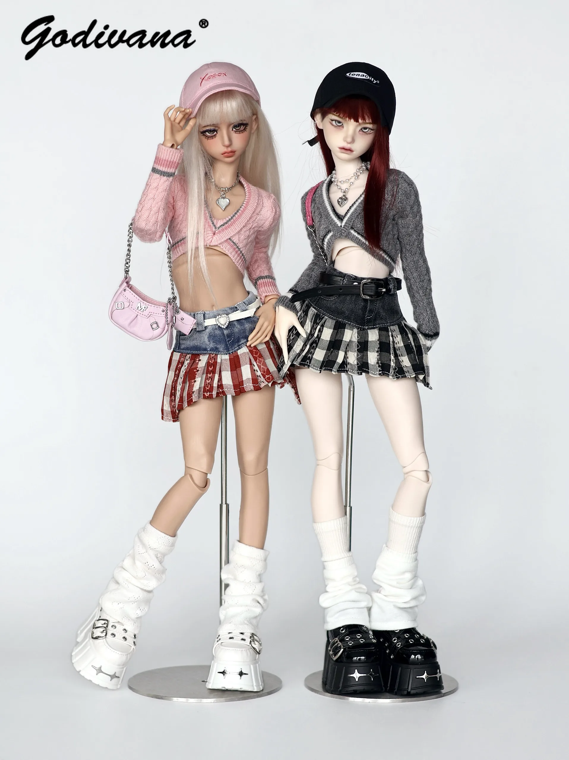 1/4 BJD Doll Outfit Y2K Sweet Cool Knit Suit Crop V‑Neck Cardigan and Plaid Pleated Skirt 2pcs Set 2 Color Options Doll Clothes