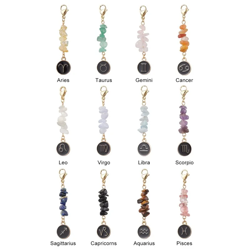 12 Zodiac Guardian Stone Ornament Round Disc Chip Stone Pendant Jewelry Accessory Amethyst Tassel Charms Keychain