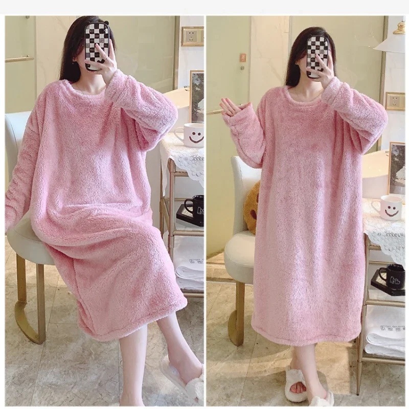 5XL Plus Size Winter Coral Velvet Nightgown Women\'s Warm Padded Thickened Medium-Length Sleepdress Soft Loose Pajamas Homewear